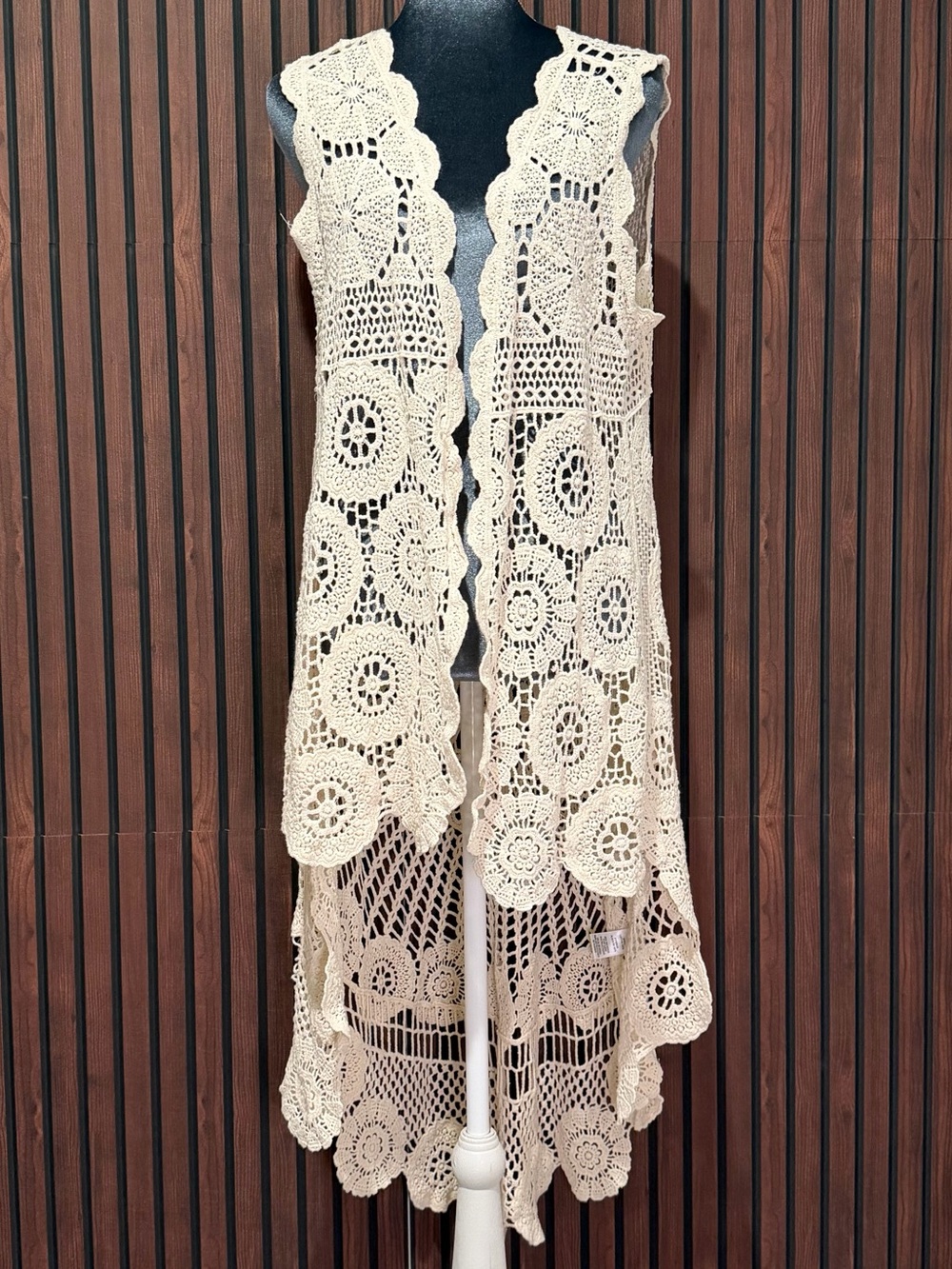 Umgee Cream Crochet Lace Sleeveless Duster Vest Size S Boho Festival